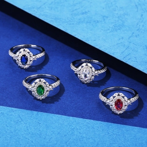 925 silver rings with oval colorful stones in blue, green, white and red cluster settings