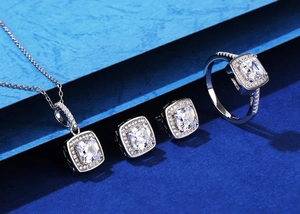 Three-piece S925 silver jewelry set featuring square-cut zircon stones on a blue background