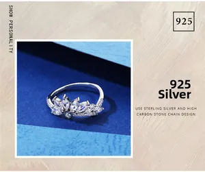 Macro de bague couronne en argent S925 avec pierres de carbone à taille marquise