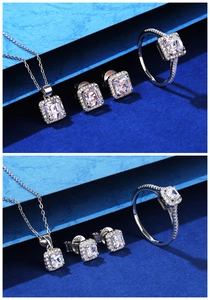 Detail of S925 sterling silver jewelry set with square cut cubic zirconia stones