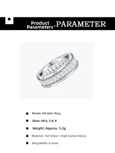 Detailed specs of S925 sterling silver ring with 6.5mm baguette cut carbon stones