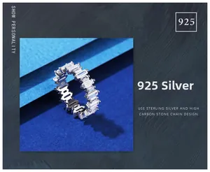 Close-up of S925 sterling silver ring featuring a trapezoid-cut baguette diamond setting