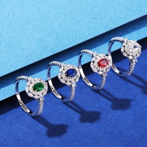 S925 sterling silver rings with oval colorful gemstones in floral halo setting