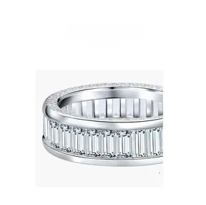 Macro shot of S925 sterling silver band with baguette-cut cubic zirconia channel setting