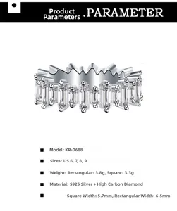 Detailed spec sheet for S925 sterling silver ring with trapezoid-cut cubic zirconia