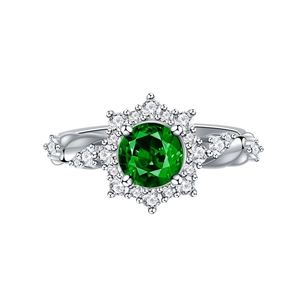 Elegant 6mm green gemstone silver ring with diamond floral halo and twisted rope band