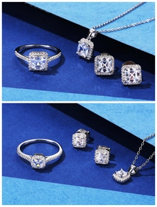 Macro detail of S925 sterling silver jewelry set featuring square-cut clear cubic zirconia