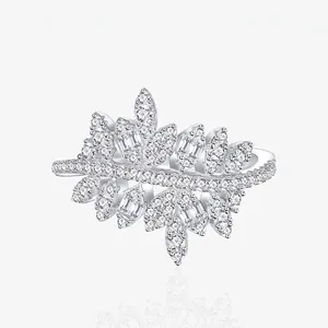 Bague Luxueuse en Argent Sterling 925 Branche de Feuille pour Femme Strass Scintillants Micro Incrustés Bijoux de Mariage Fête