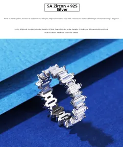 Close-up of S925 sterling silver ring with baguette-cut high-carbon diamonds and 5A zircon