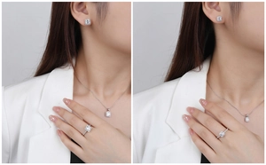 Close-up of S925 silver halo square earrings and jewelry set on a female model