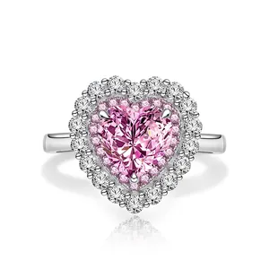 925 Sterling Silver Heart Shaped Pink Yellow Rhinestone Ring Elegant Double Halo Wedding Jewelry For Women Engagement Finger Ring