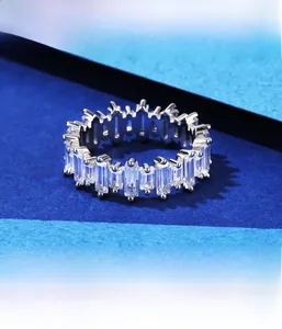 Macro shot of S925 sterling silver baguette cut ring with detailed micro-inlay setting