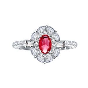 Elegant 925 sterling silver ring featuring an oval ruby main stone in a floral halo design