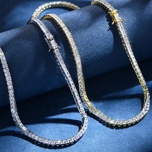 Shiny 4mm 925 silver tennis chain necklace with square-cut zircons in gold and silver colors