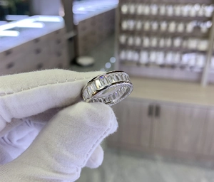 Detailed view of S925 silver eternity ring with baguette-cut and micro-pave cubic zirconia