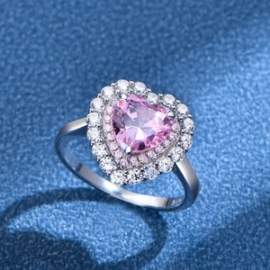 925 silver heart ring with pink ice flower cut diamond and double halo setting