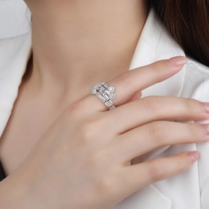 Multi-layer S925 sterling silver ring with baguette and round cut pavé diamonds
