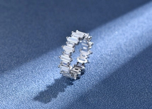 Macro view of S925 sterling silver ring with full trapezoid cut cubic zirconia inlay
