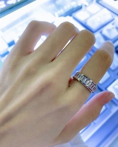 Macro shot of S925 sterling silver ring with rectangular cubic zirconia pave setting
