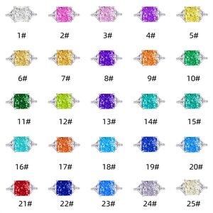 925 silver rings with 10x10mm radiant cut stones in 25 colors, shown in a grid layout