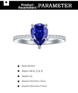 Detail view of pear-cut blue sapphire ring with S925 silver specs and dimensions