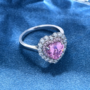 Luxurious S925 sterling silver ring with heart-shaped pink gem and double halo accents