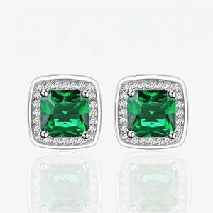 Luxury 925 Sterling Silver Square Halo Zirconia Stud Earrings For Women Emerald Cut Inlaid Gemstone Earrings Jewelry Gift