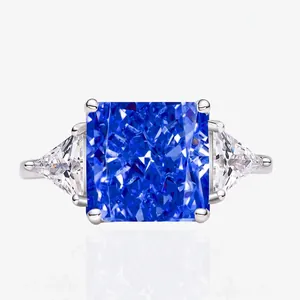Luxury 925 sterling silver ring with 10x10mm blue ice cut stone and triangle side gems