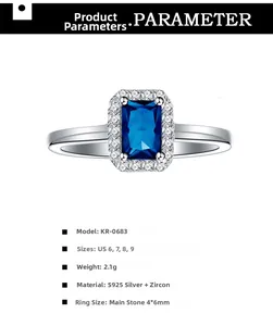 Detailed macro view of S925 silver ring featuring emerald cut blue cubic zirconia stone