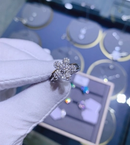 Macro shot of micro-paved flower ring with double-row hollow silver band detail