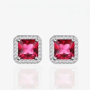 Elegant 925 Sterling Silver Square Cut Rhinestone Halo Stud Earrings For Women Luxurious Geometric Jewelry Wedding Gift
