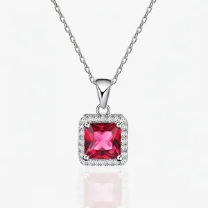 925 Sterling Silver Simulated Ruby Sapphire Emerald Rhinestone Pendant Necklace For Women Elegant Halo Clavicle Chain Jewelry