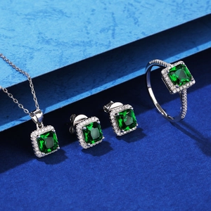 Elegant S925 sterling silver jewelry set featuring emerald cut green ruby and zircon