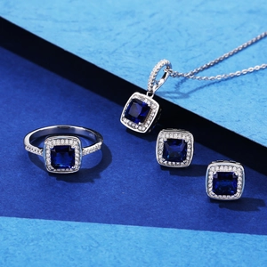 Elegant S925 silver jewelry set with square blue sapphire stones and zircon accents