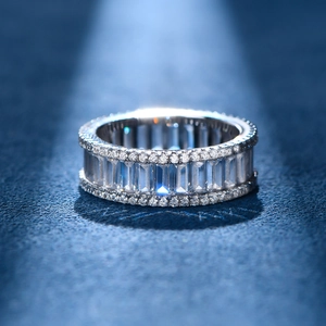 Luxurious S925 sterling silver band ring featuring baguette cut stones and micro-pave diamonds