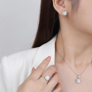 S925 silver jewelry set with square halo synthetic emerald stones on elegant model