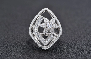 Macro view of S925 silver flower ring with marquise hollow design and pavé zircon