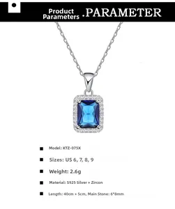 Detailed view of S925 silver necklace featuring a 6x8mm rectangular blue zircon pendant