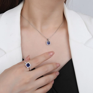 S925 sterling silver necklace and ring set with square halo sapphire zircon stones
