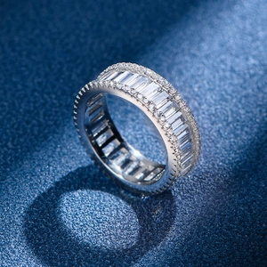 Baguette-cut diamond S925 sterling silver eternity ring with micro-paved crystal accents