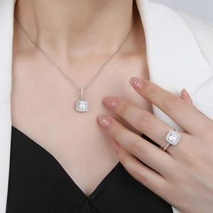 Elegant S925 sterling silver square halo pendant necklace and ring set with emerald cut stone
