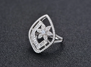 Detailed close-up of S925 sterling silver flower ring with micro-pave cubic zirconia