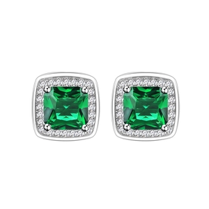 Elegant S925 sterling silver square green emerald halo stud earrings with zircons
