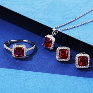 Luxurious S925 sterling silver jewelry set featuring square red ruby stones and halo diamonds