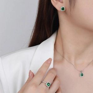 Elegant S925 silver jewelry set with square emerald stones and halo diamond accents