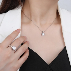 S925 sterling silver halo necklace and ring set with square cut synthetic ruby gemstone