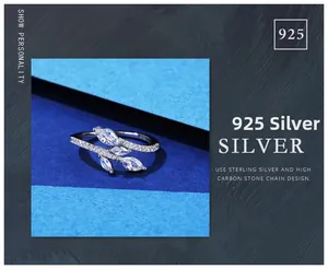 Detailed view of S925 silver leaf ring with high carbon stones and marquise cut zircons