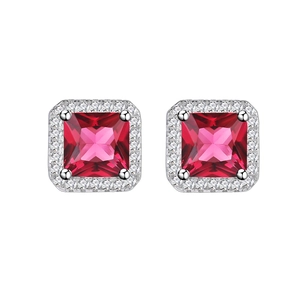 S925 sterling silver stud earrings with square red ruby halo setting on white background
