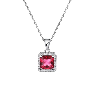 Classic S925 sterling silver necklace with a square red ruby pendant and halo diamonds