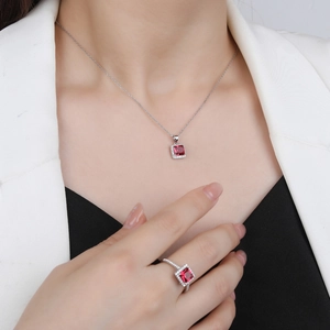 Elegant S925 silver jewelry set featuring square red ruby pendants and ring for women